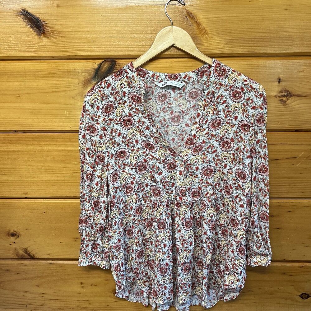 ZARA Women's The Lola Floral Hi-Low Long Sleeve V-Neck Blouse Size L - Picture 2 of 6